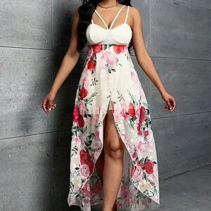 Pink Boho Womens Floral Print Backless Wrap Hem Cami Romper